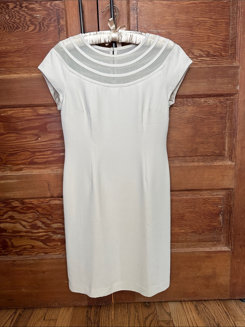 Light Beige Cap-Sleeve Sheath Dress with Decorative Yoke